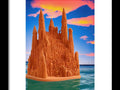 Art prints on sand castle in a sunny field with water in the background near trees and