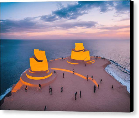 A large piece of artwork sitting in a sand castle under a sunset