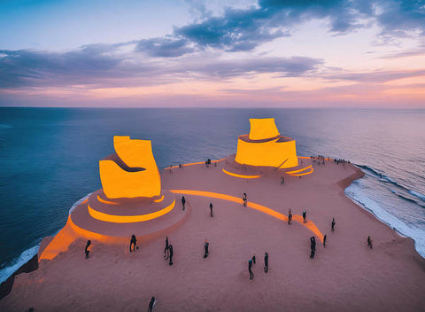 An orange and yellow sandcastle floating in the sea in Peru