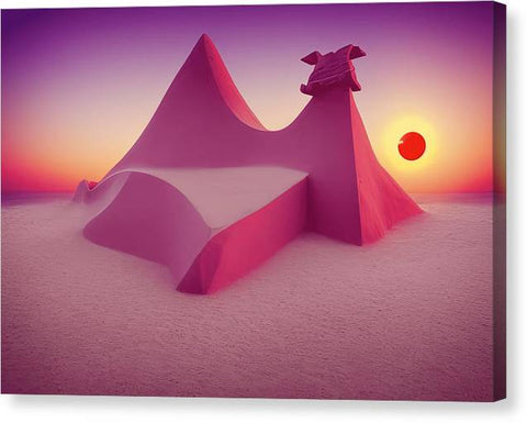 a picture of a pink sandstone beach of a colorful tent a kite and