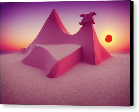 a picture of a pink sandstone beach of a colorful tent a kite and