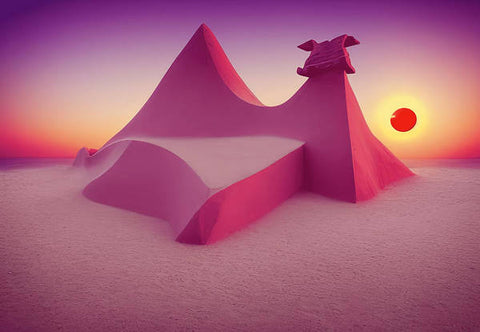 A colorful tent with a bed underneath a rock wall in a sand dune