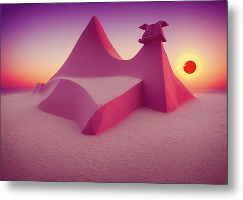 A pink and purple kite in a sand sandcastle on top of a beach in