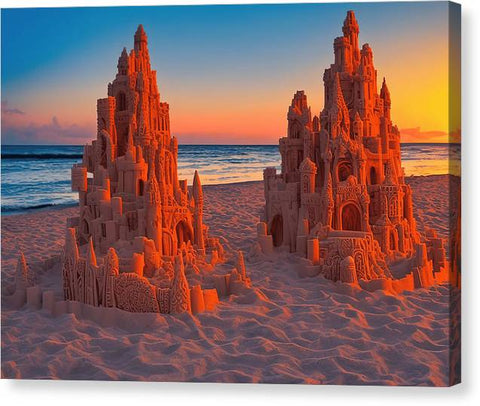 A colorful 3D photograph of a giant sand castle as a children walk around a sand