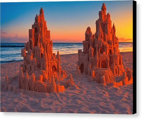 A colorful 3D photograph of a giant sand castle as a children walk around a sand
