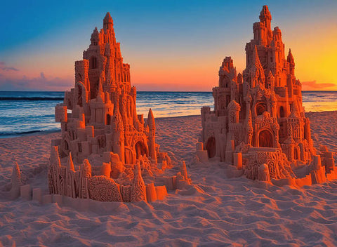 A large sand castle on a sandy beach is lit up with colors