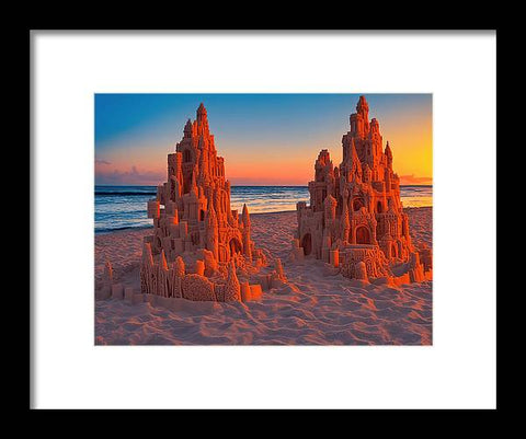 An art print with a close up of a sand castle behind a river