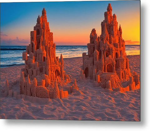 A sand castle standing next to a beach during a sunset on a clear day in the