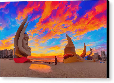 A picture of a sunset surrounded by colorful sculptures on a dark beach
