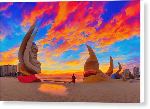 Sunset At the Beach with Sculpture - Canvas Print