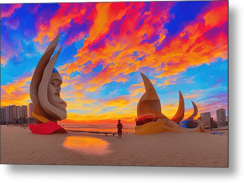 A large sculpture standing on the beach with colorful beach scenery and a sunset