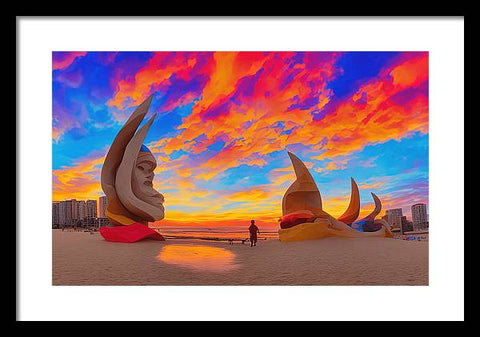 Sunset At the Beach with Sculpture - Framed Print