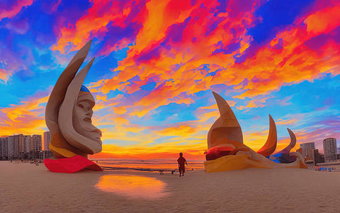 A sunset setting in a sand beach with a colorful sunset sculpture built in the background