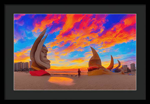 Sunset At the Beach with Sculpture - Framed Print