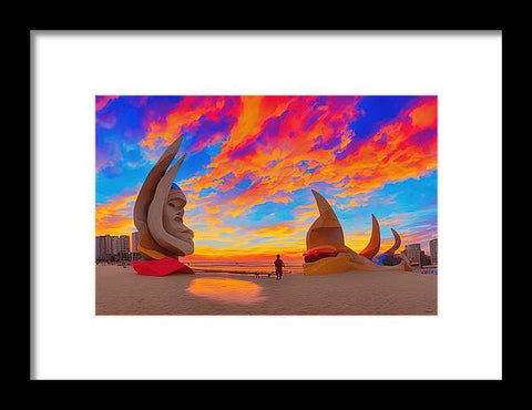 A colorful art print with two people surfing on white sand in front of a sunset near