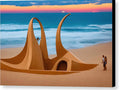 A sculpture for a wooden structure with a sunset on a beach