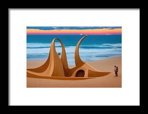 An art print of a surfer standing on top of a rock in the sand