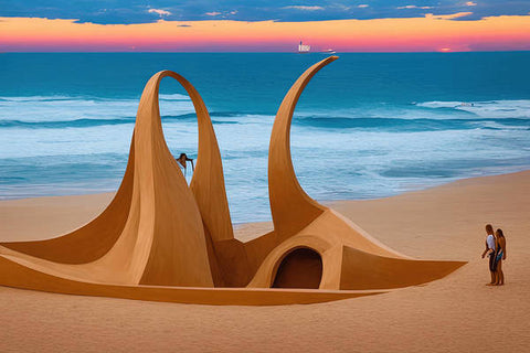 A wooden shelter with a wave wave surfer building on a beach