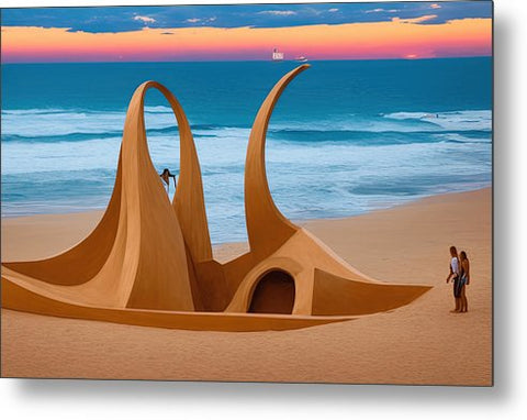 An outdoor sculpture that is a beach near the ocean with people surfing it