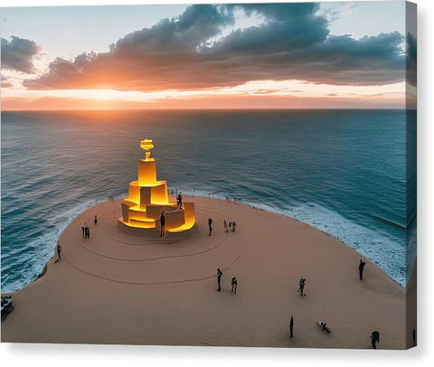 A sculpture of a lighthouse on top of a sand hillside with some sunsets