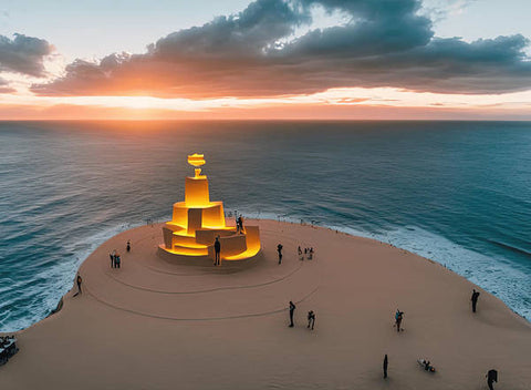 A lighthouse standing on a beach at sunrise under a sand castle with large waves