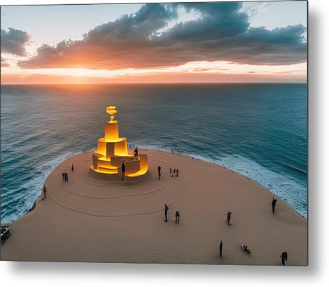 A picture of a golden lighthouse floating in a sea with a white sunset setting behind it