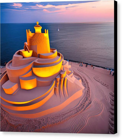 A colorful image of buildings that are illuminated inside of a sand castle