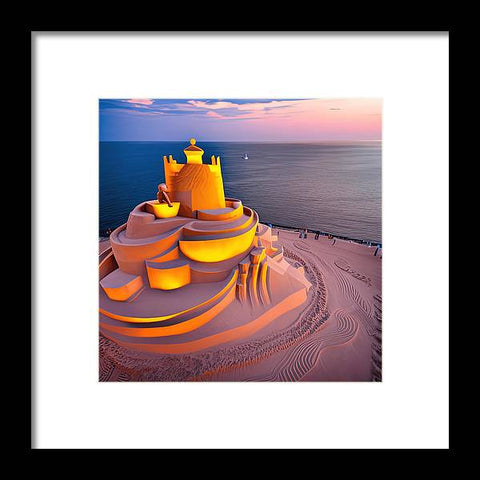 Art print of a wooden beach castle is on a white sand beach