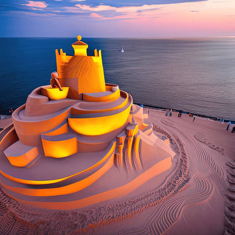 A sand castle is illuminated at sunset