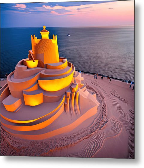 A colorful image of an orange structure that has a castle standing in the sand