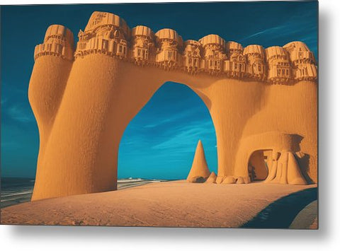 two archways are painted in sand surrounded in a desert sand castle at sunset