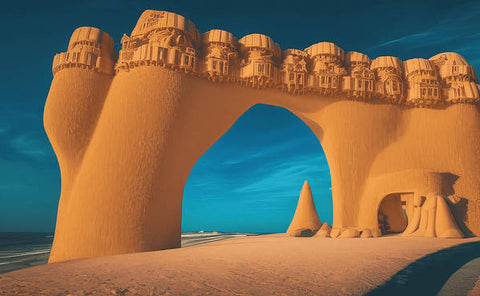 An archway in a sand castle atop a dune near sea