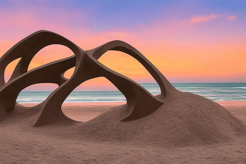 A picture of a sculpture with a sunset behind it on a sandy beach