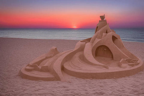A beach building in the sand with colorful shapes on top of it and the sun setting