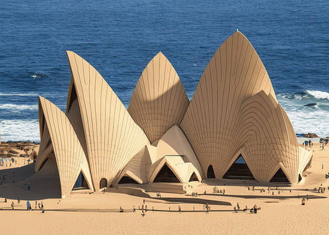 A wooden structure of the Sydney Opera House in a cityscape