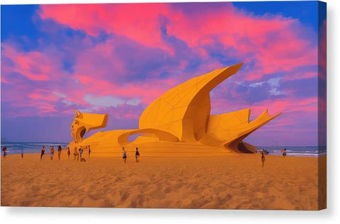 A large photo showing the sky at sunset and an orange sculpture