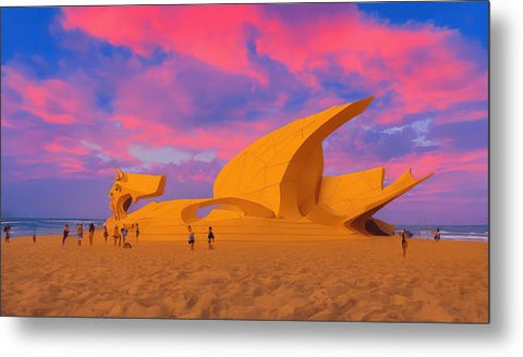 A sculpture that is surrounded by a beautiful sand beach with a pink background
