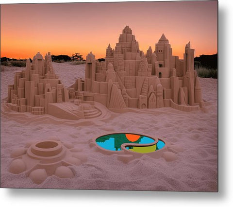 A 3D image of a plastic castle with sand behind it