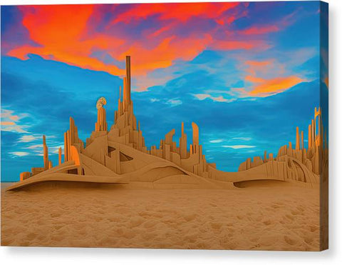 Sand castles are in the background of a picture of a city skyline