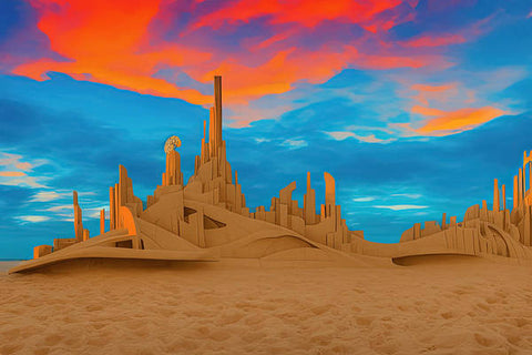 A sandcastle on top of a sandy beach surrounded by trees and buildings