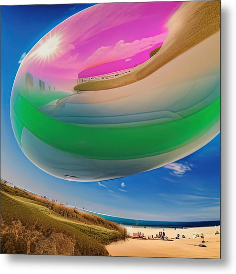 A picture of an air balloon in a colorful image in front of a metal mirror