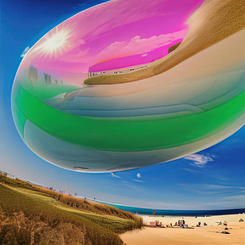 A woman on a beach with a pink and green flying air balloon