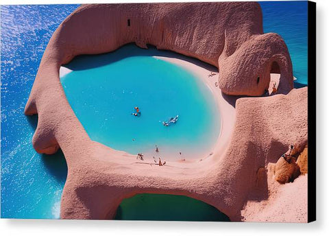 a blue beach in the desert is pictured on a white postcard