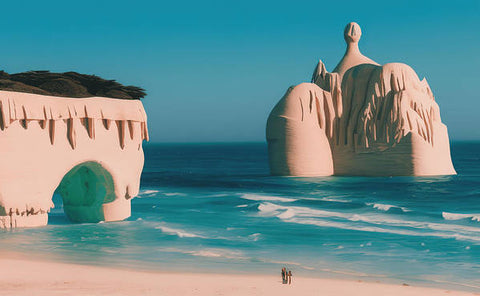 An animated water castle on a sandy beach in a desert