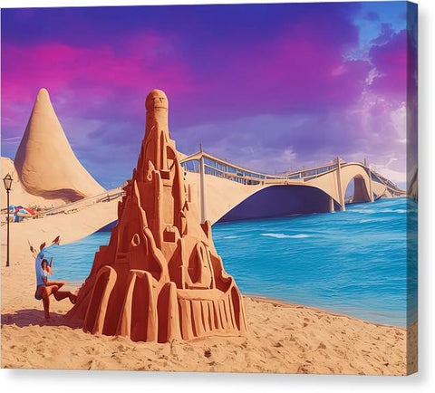 An artwork print on a card with a beach castle in the background