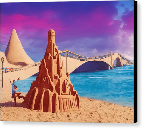 An artwork print on a card with a beach castle in the background