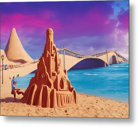 A picture of a beach with an  art print an  image and sand castle