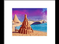 An art print with colorful sand castles in front of a cliff overlooking a beautiful blue ocean