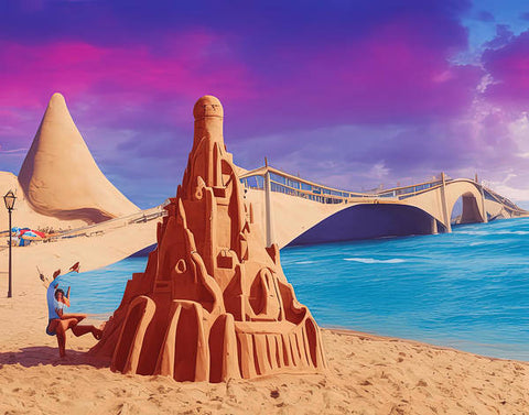 The diorama depicts a small beach with a big sand castle and a woman in