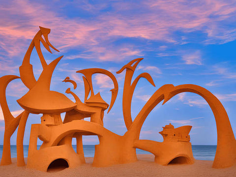 a colorful sculpture of some colorful fire dragons sitting in a sand field